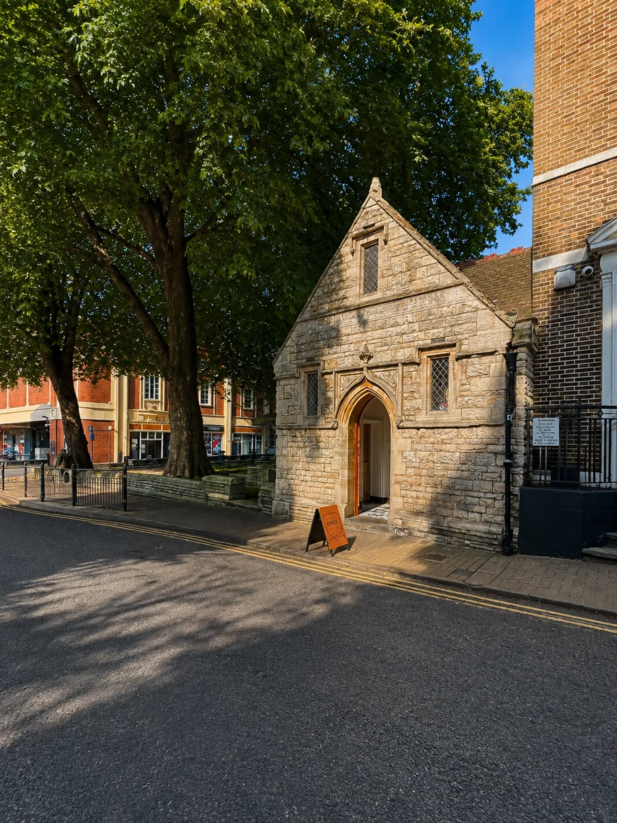 Historic stone Vestry Hall building on a sunny street