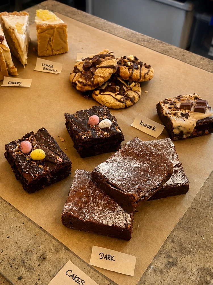 Selection of cakes and brownies displayed on a counter